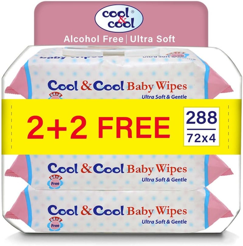 Cool & Cool Baby Wipes - Alcohol Free, Paraben Free, Ultra Soft & Gentle - Pack of 4 (288 Wipes) - Image 1